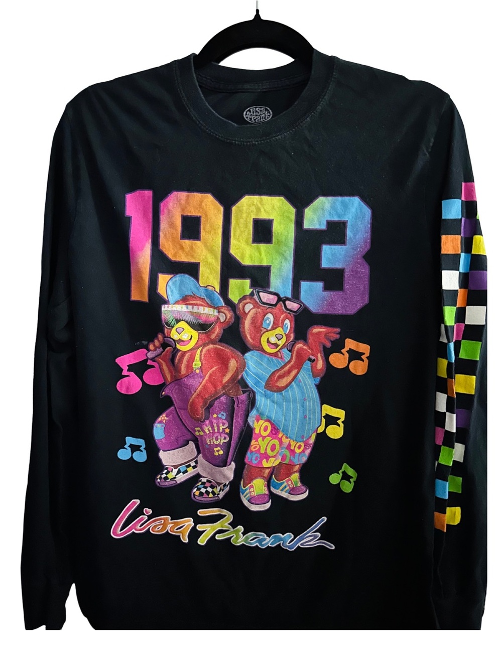 Lisa Frank Black Long Sleeve Tee with Neon Rainbow 1993 Bear Graphic